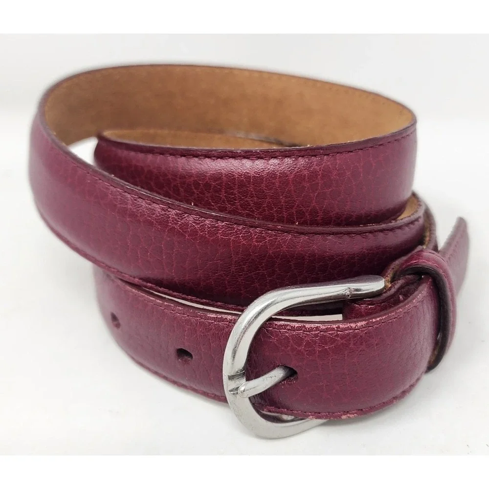 LL Bean Full Grain Leather Belt Women's L Red Classic Silver Buckle